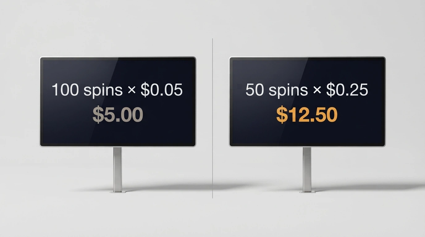 two pokie screens side by side, one labelled “100 spins × $0.05” showing a small AU$5 total, the other labelled “50 spins × $0.25” showing AU$12.50