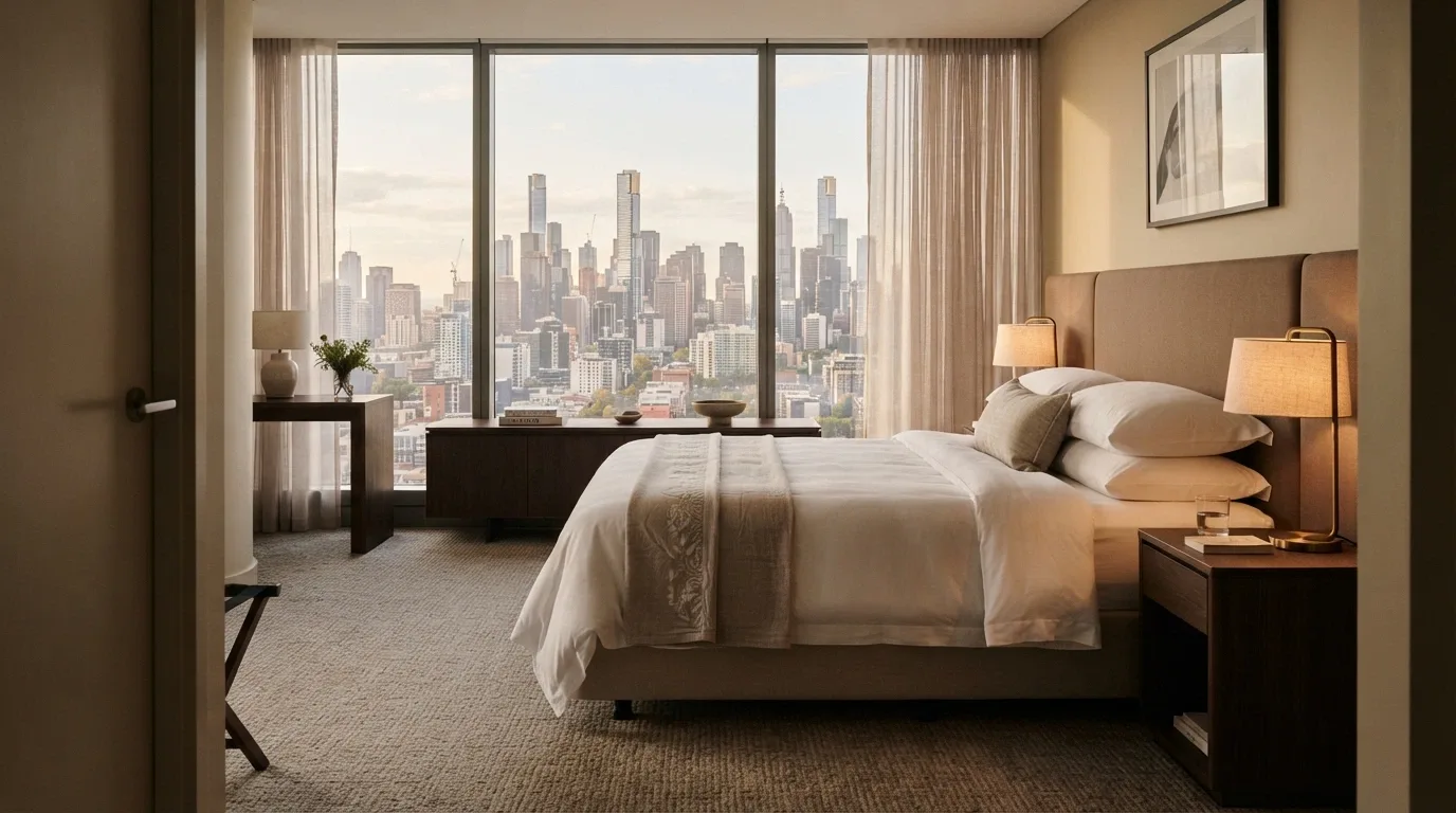 A luxury guest room at The Star Grand hotel with floor-to-ceiling windows, a king bed and Brisbane skyline views
