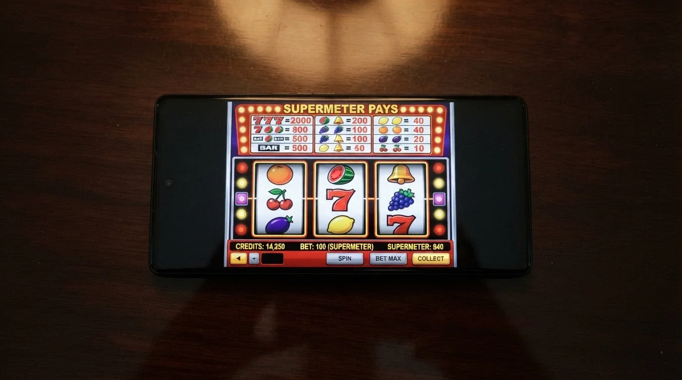 An illustration of Mega Joker's Supermeter mode interface showing the raised bet level and higher RTP display