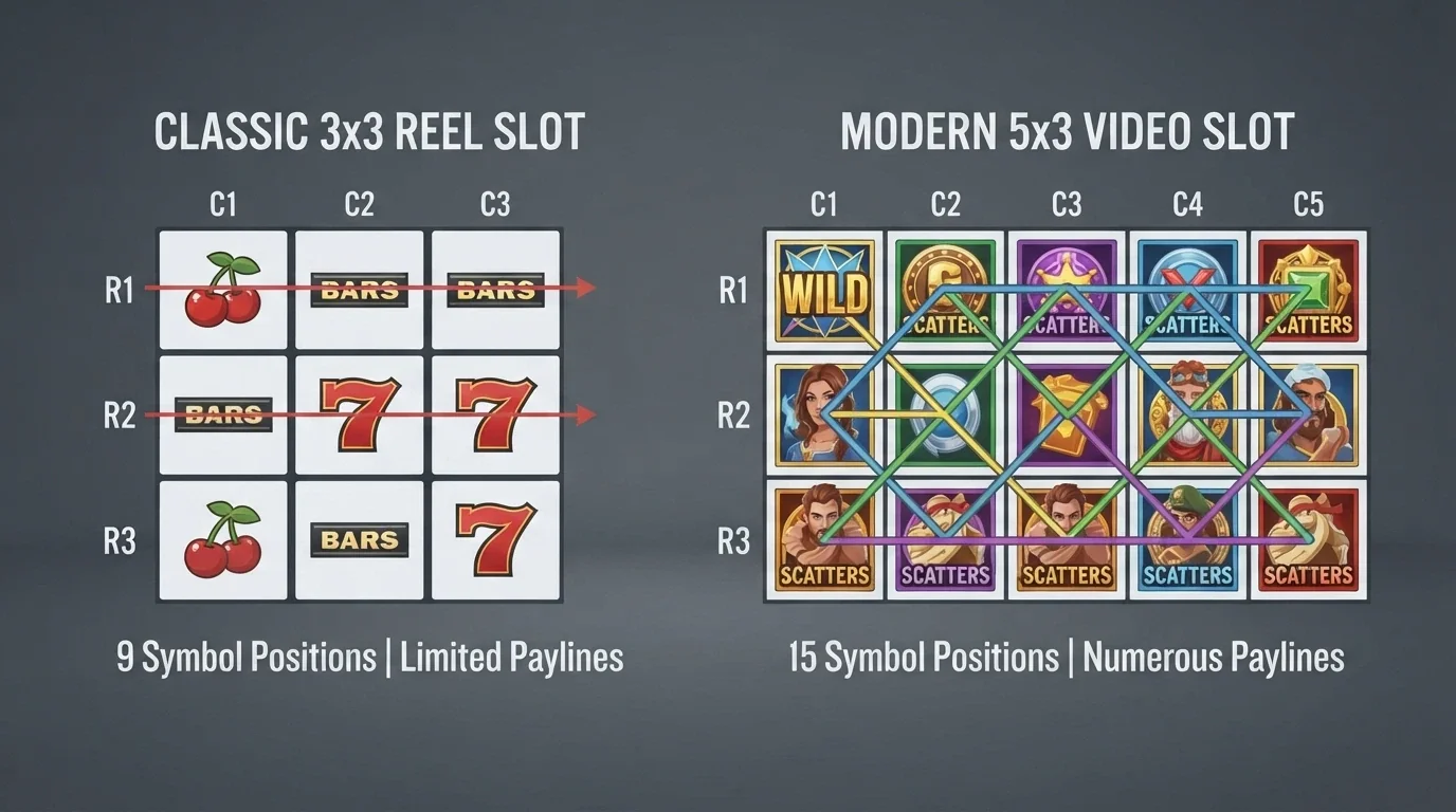 A side-by-side diagram of a 3×3 classic pokie grid next to a 5×3 video slot grid showing the difference in symbol positions and paylines