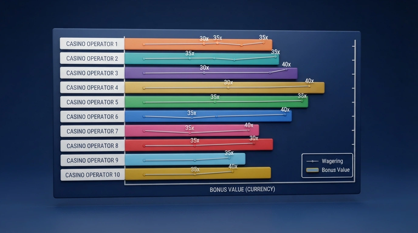 A side-by-side comparison card layout showing casino names, bonus values and wagering figures