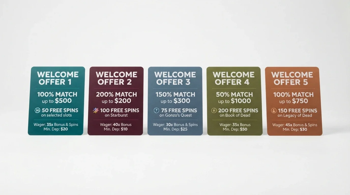 A side-by-side grid of casino welcome-offer cards showing bonus amounts, free-spin counts and wagering multiples for the featured operators