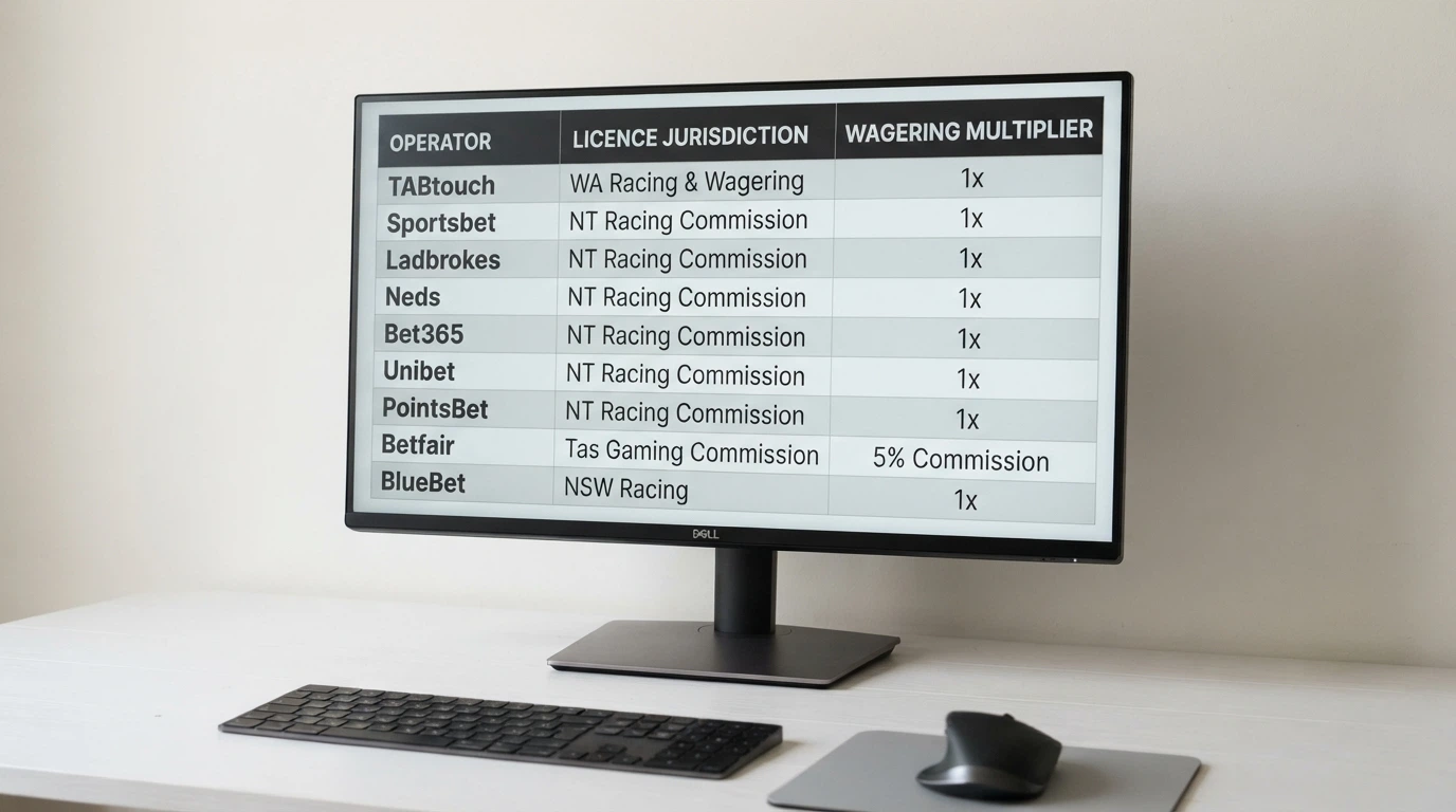 A comparison-table layout on a desktop screen, operator names in the left column with licence and wagering data in the columns to the right