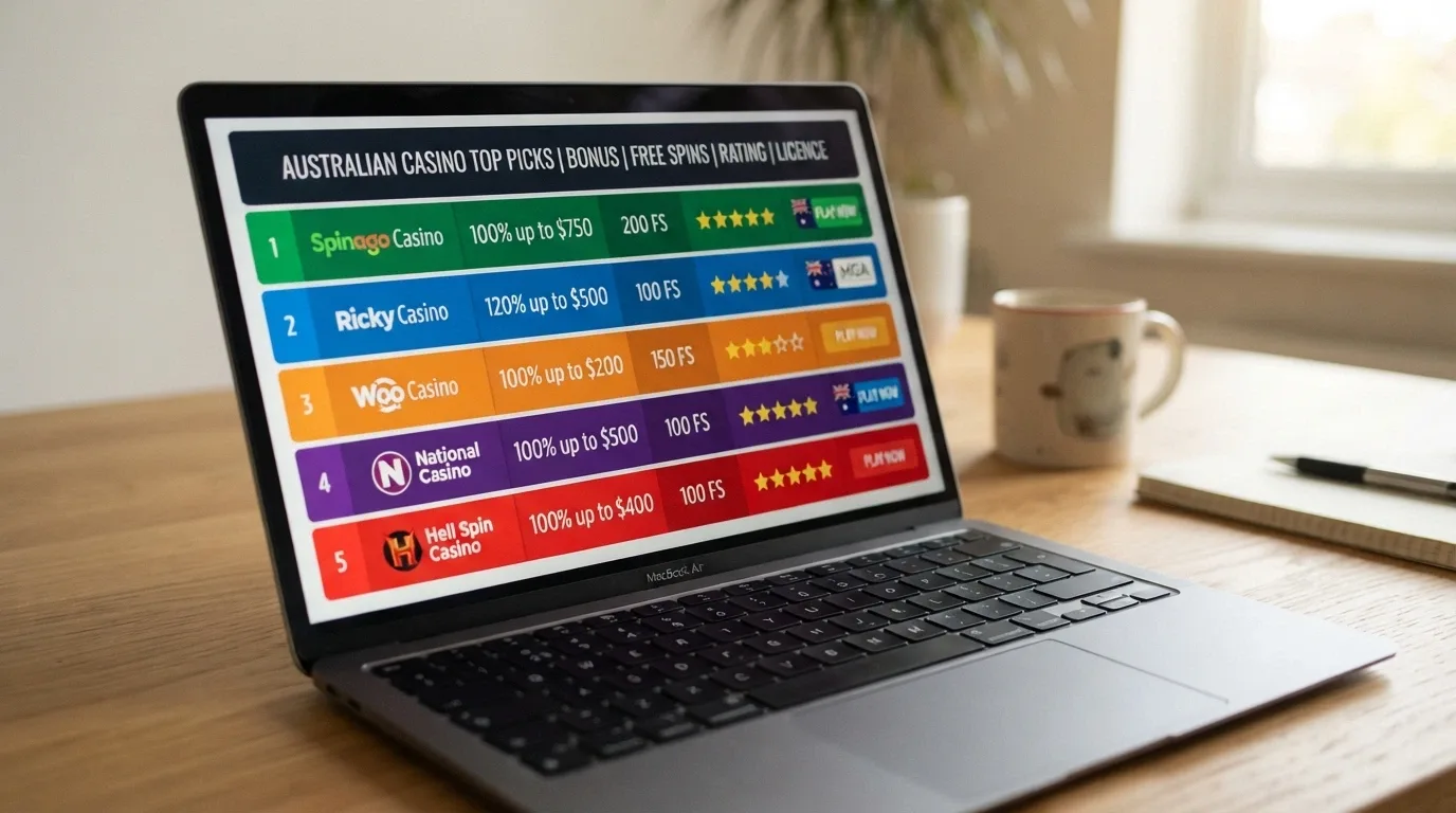 A laptop screen displaying a casino comparison table with operator names, bonus figures and licence badges