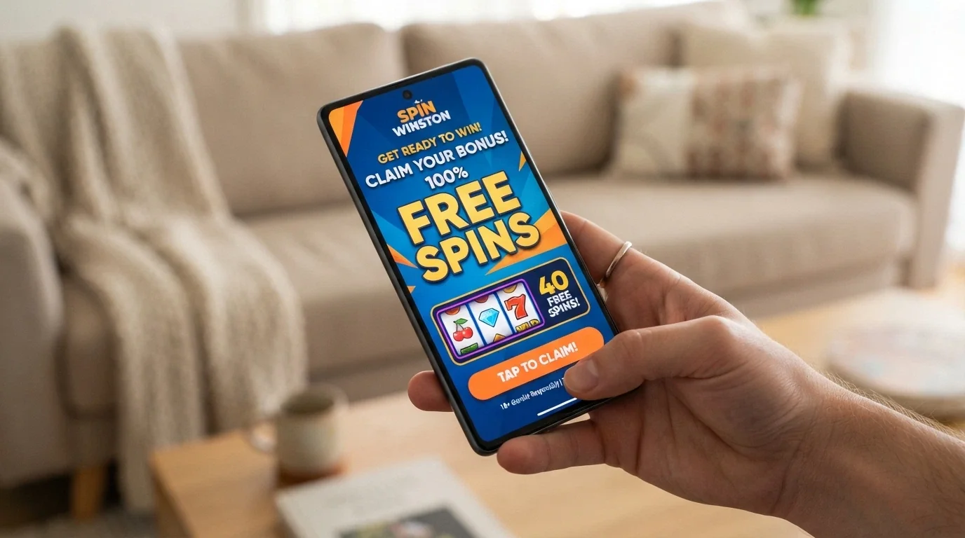 A casino promotion page showing a welcome bonus banner with match percentage and free spins count