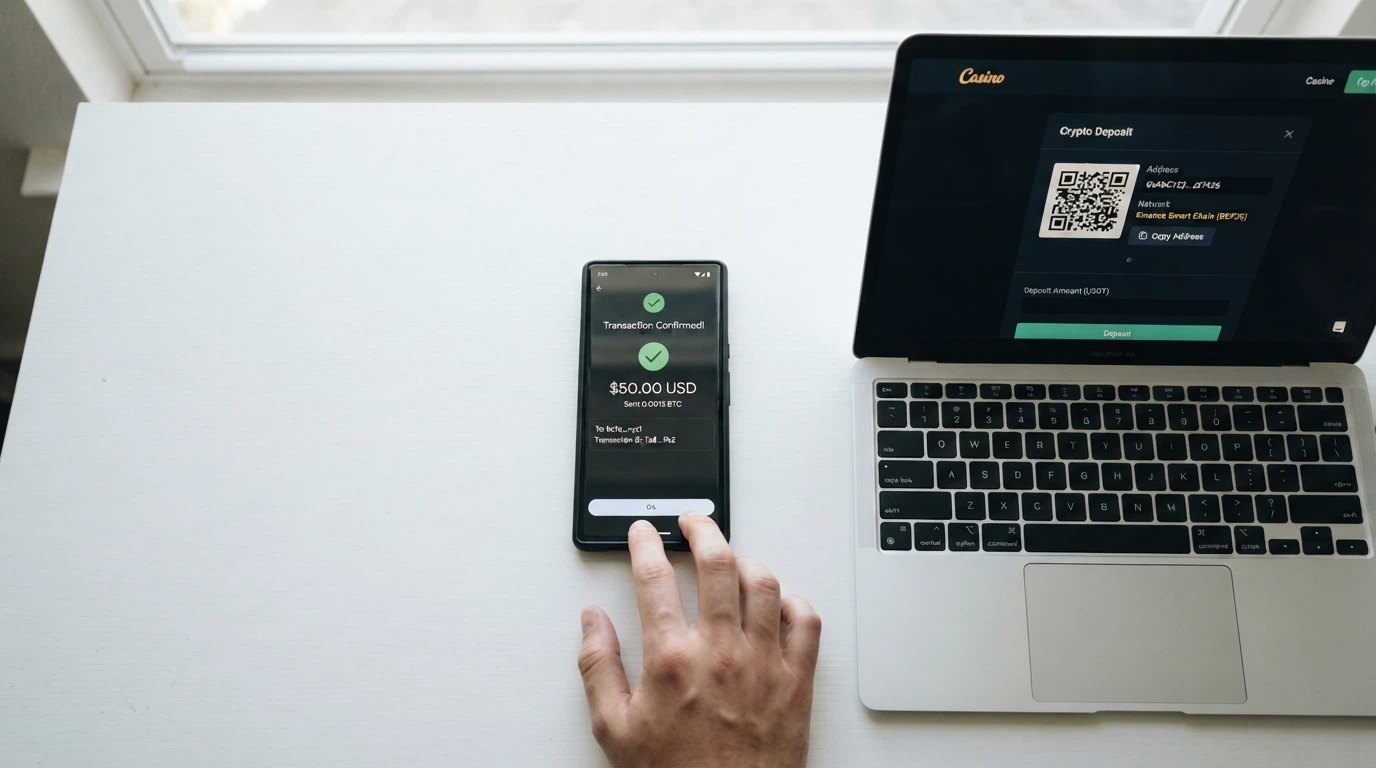 A split-screen showing a crypto wallet send-confirmation screen on one side and a casino cashier page on the other