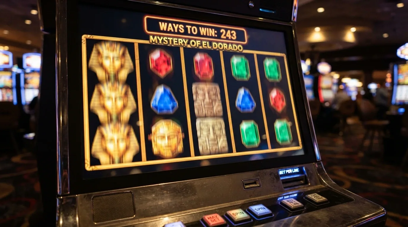A colourful slot game reels screen showing a Megaways title with the ways-to-win counter visible