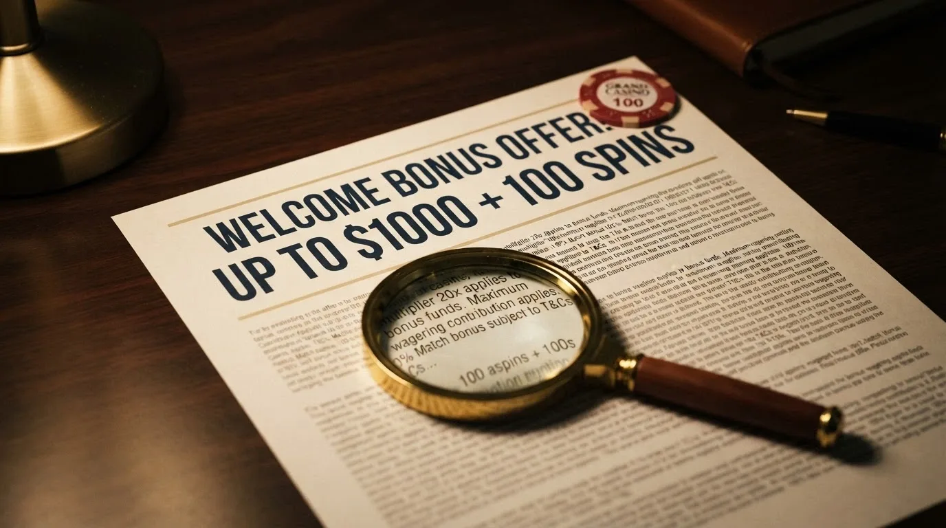 A bonus offer display with fine-print magnification, highlighting the wagering multiplier, time limit and max-cashout terms that shrink the effective value