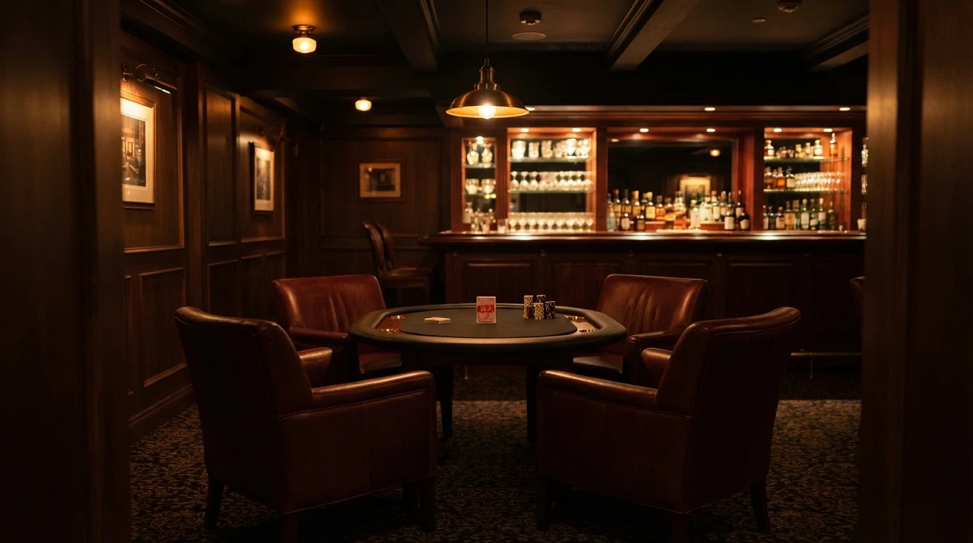 An elegant private casino lounge interior with exclusive seating, low lighting and a premium atmosphere, suggesting the VIP room experience