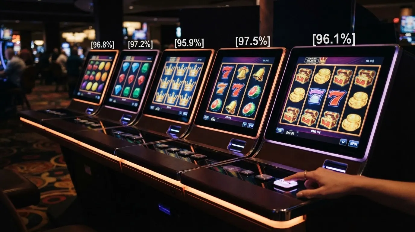 A row of pokie-machine reels or slot-game screens showing VIP-branded titles, with RTP percentages overlaid as a visual comparison tool