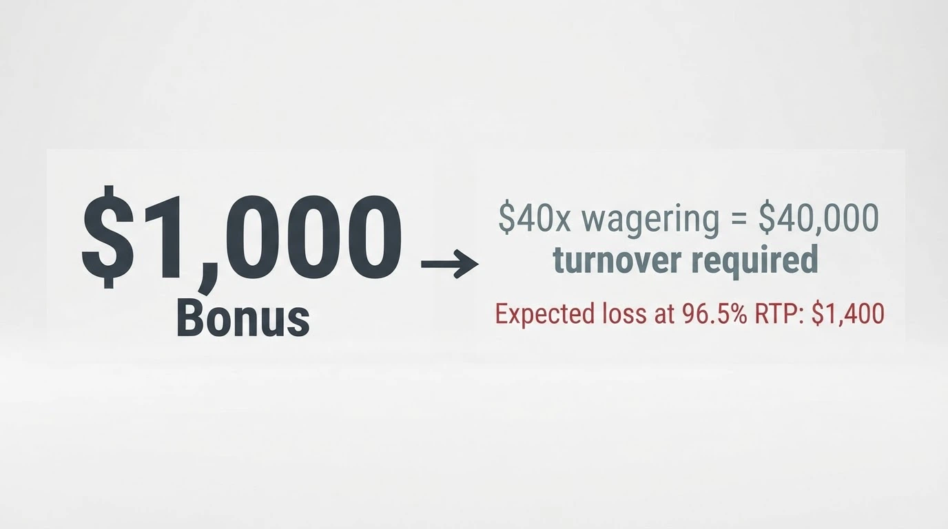 Illustration comparing a bold “$1,000 Bonus” headline against a smaller note reading “40x wagering = $40,000 turnover required”