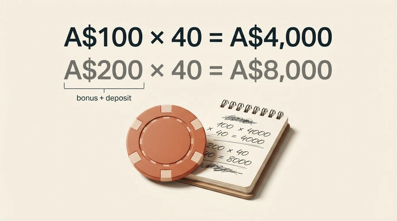 A stack of casino chips next to a calculator showing a multiplication: a A$100 chip × 40 = A$4,000 in faded chips, with a second line showing A$200 × 40 = A$8,000 in even more faded chips, illustrating the bonus-only vs bonus-plus-deposit difference.