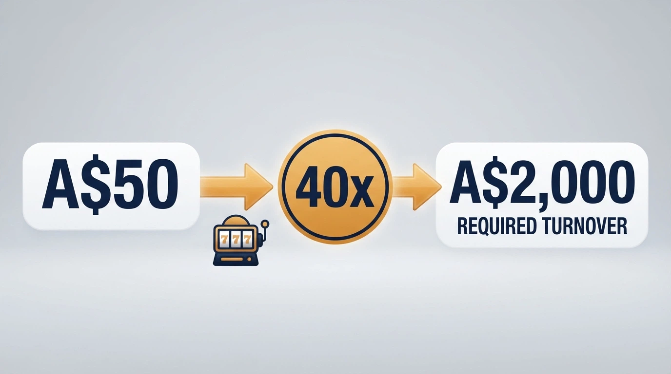 A diagram showing how a $50 bonus at 40x wagering becomes $2,000 in required turnover before a withdrawal is possible