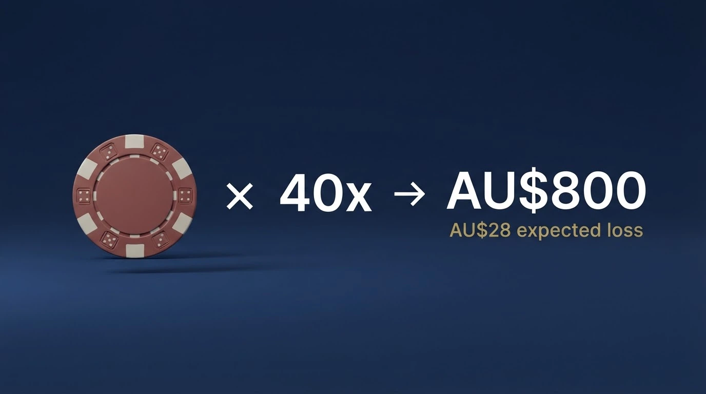 A visual comparison showing a AU$20 chip next to a AU$800 turnover requirement, with arrows tracing the wagering maths
