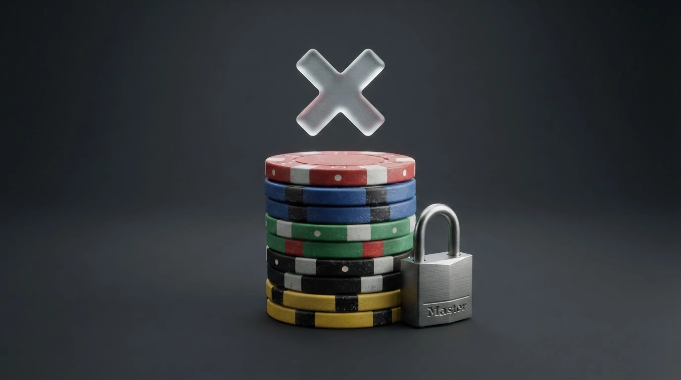 A stack of casino chips with a transparent overlay showing a multiplication symbol and a lock icon, indicating how wagering multiplies the play-through requirement before withdrawal