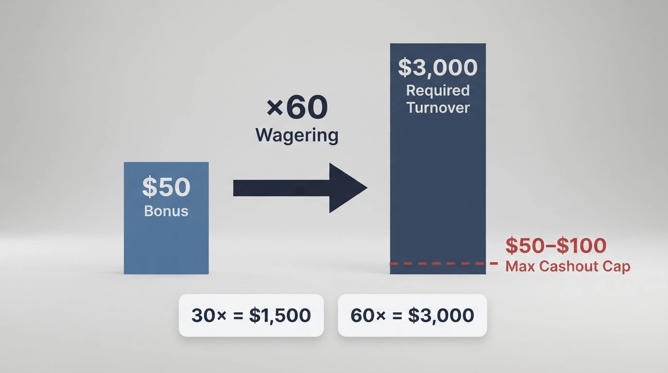 A graphic showing how a A$50 bonus at 60x wagering becomes A$3,000 in required turnover before a single dollar can be withdrawn