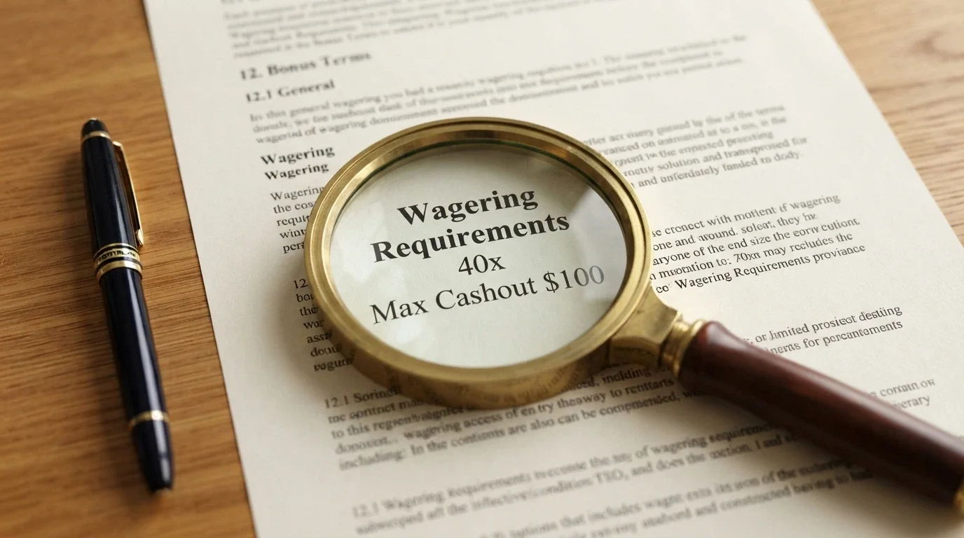A close-up of a casino bonus terms page with a magnifying glass held over a paragraph titled “Wagering Requirements”, with “40x” and “Max Cashout $100” legible
