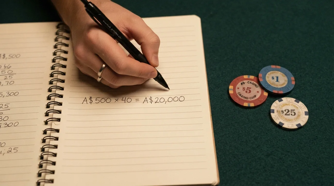 A calculator display showing A$20,000 turnover from a A$500 bonus at a 40x multiplier, with a stack of casino chips beside it