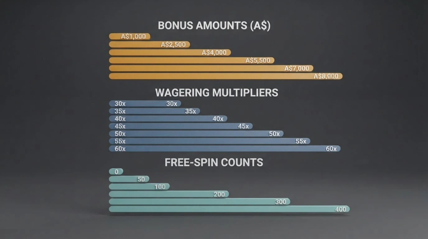 A simplified comparison chart showing bonus amounts, wagering multipliers and free-spin counts side by side