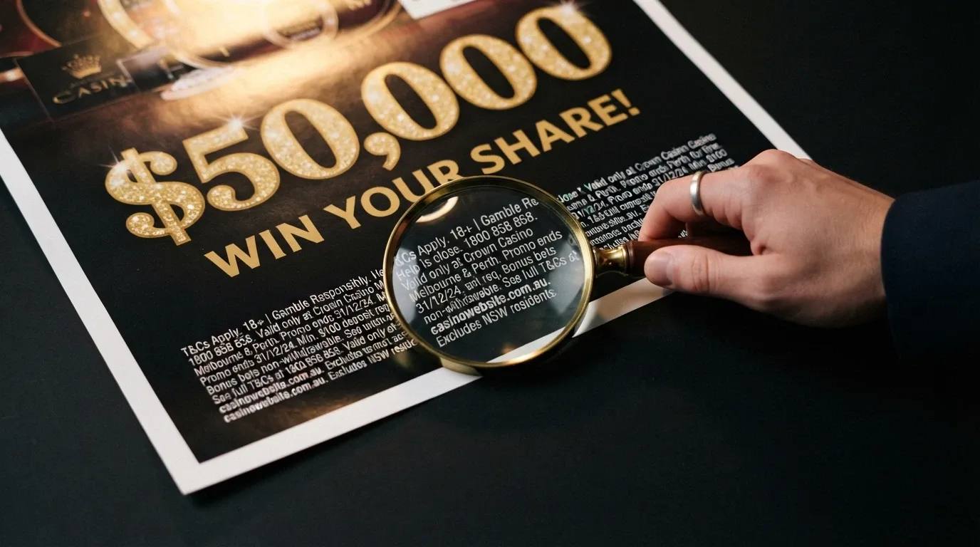 A casino bonus banner with a large dollar figure, with a magnifying glass hovering over the fine-print terms beneath