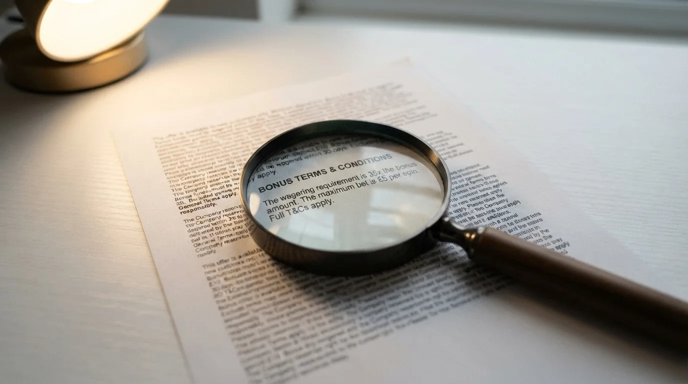 A close-up of casino bonus terms fine print under a magnifying glass, with “Max Cashout $100” and “40x Wagering” visibly highlighted